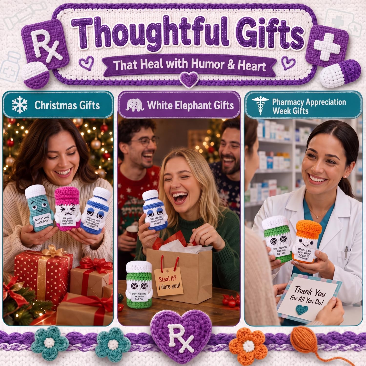 6 Pcs Pharmacy Week Gifts Crochet Pill Crochet with Positive Card, 6 Colors