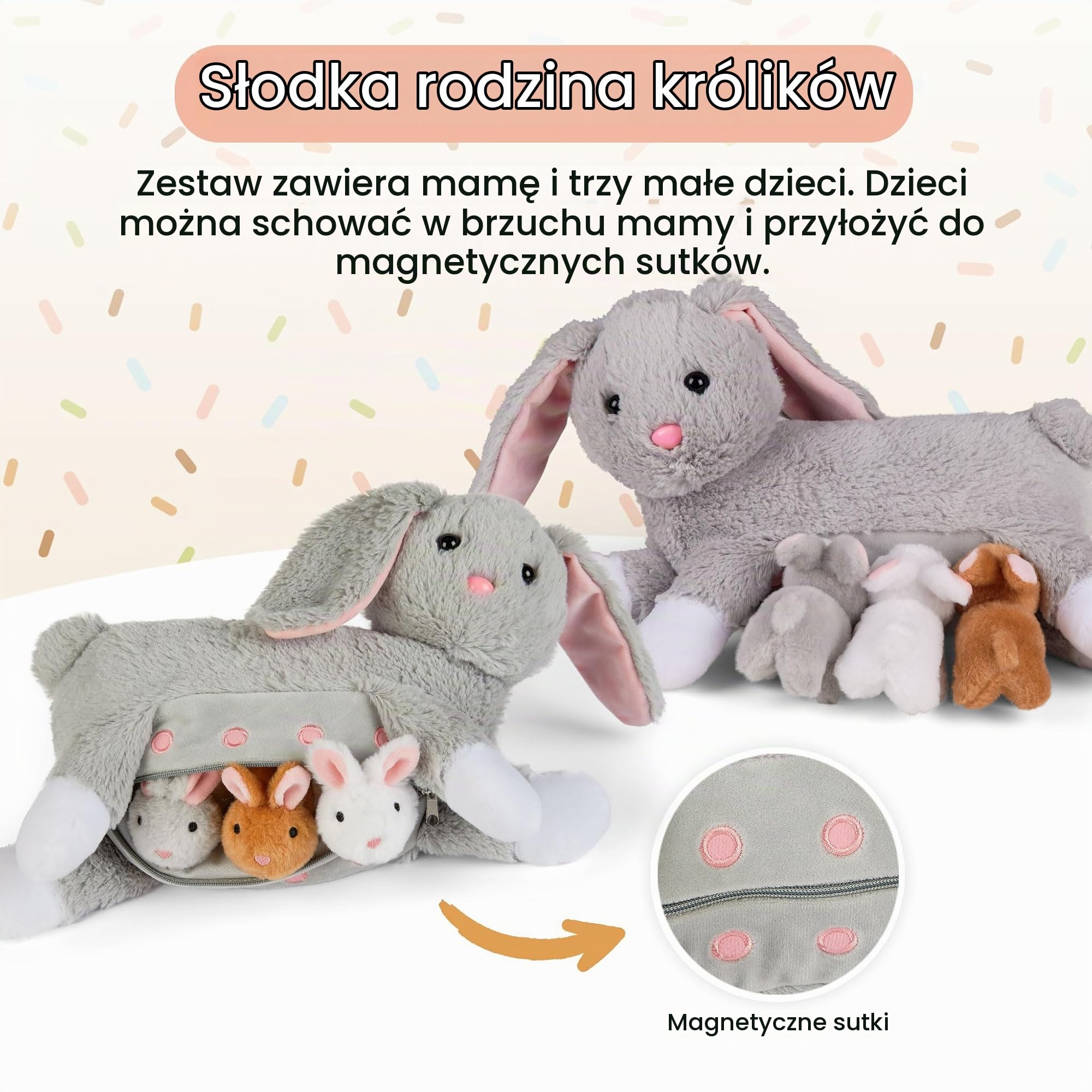 Pluszowe zwierzątko z 3 królikami, magnetyczne smoczki do ssania, wysokiej jakości zestaw zabawek dla dzieci, prezent