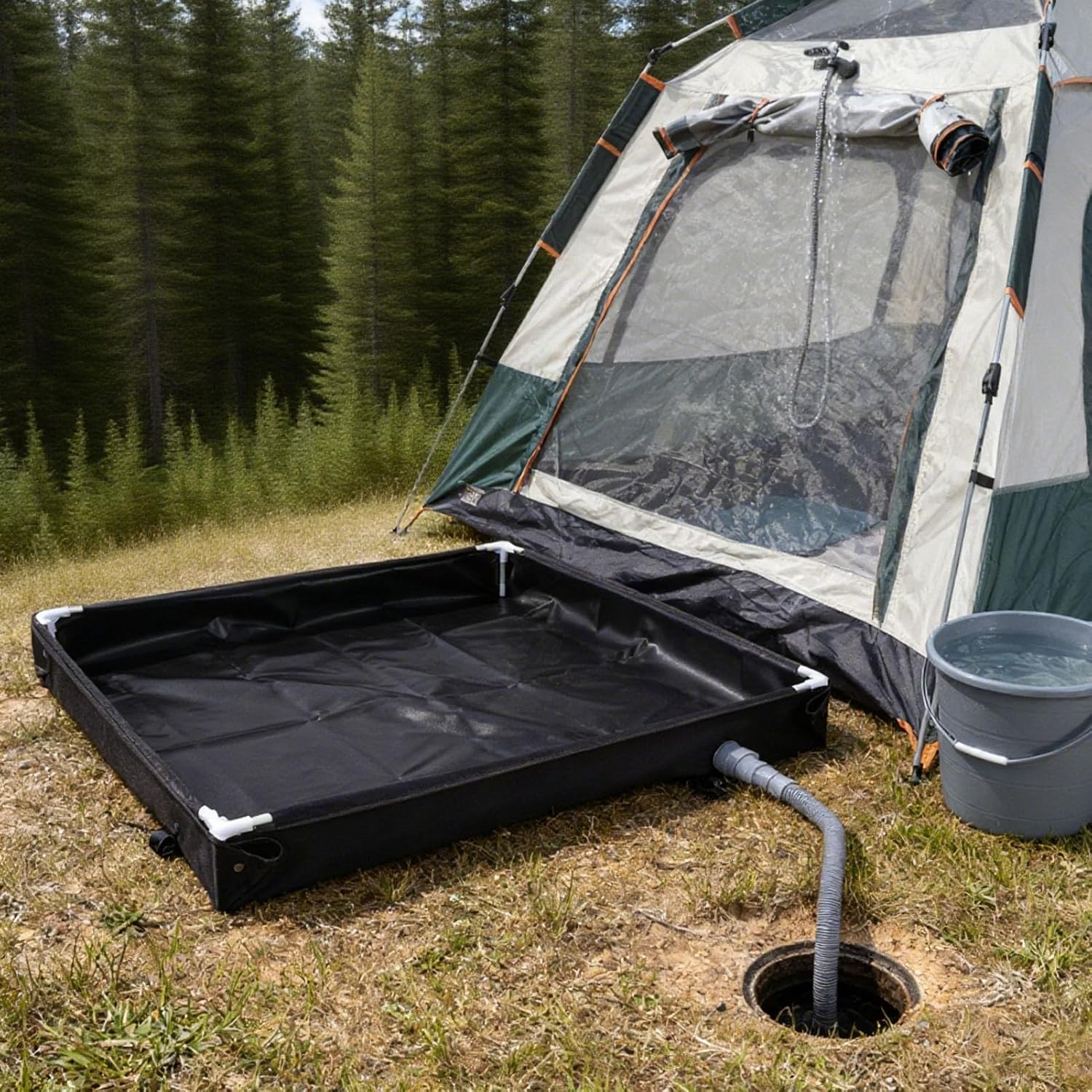 Portable Shower Tray, Foldable Camping Shower Base with Drain Plug Pipe PVC Portable Shower Pan for RV Outdoor Camping Garden Cleaning Washing Machine Overflow