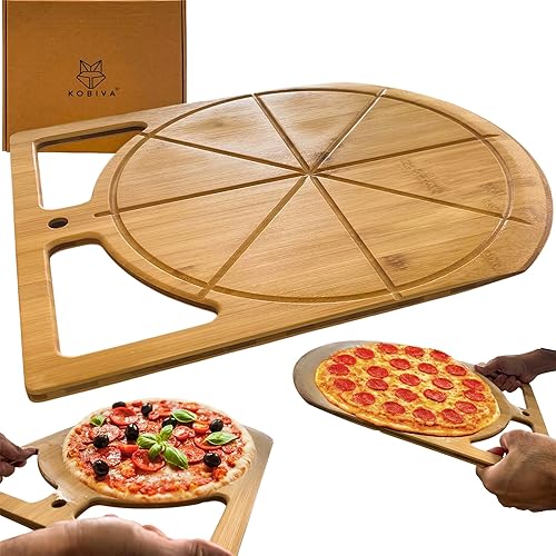Miniatura 9 de Tabla de cortar de madera 2 en 1 para pizza y bambú, tabla de remo de pizza de doble agarre para hornear, espátula de pizza y tabla de cortar grande