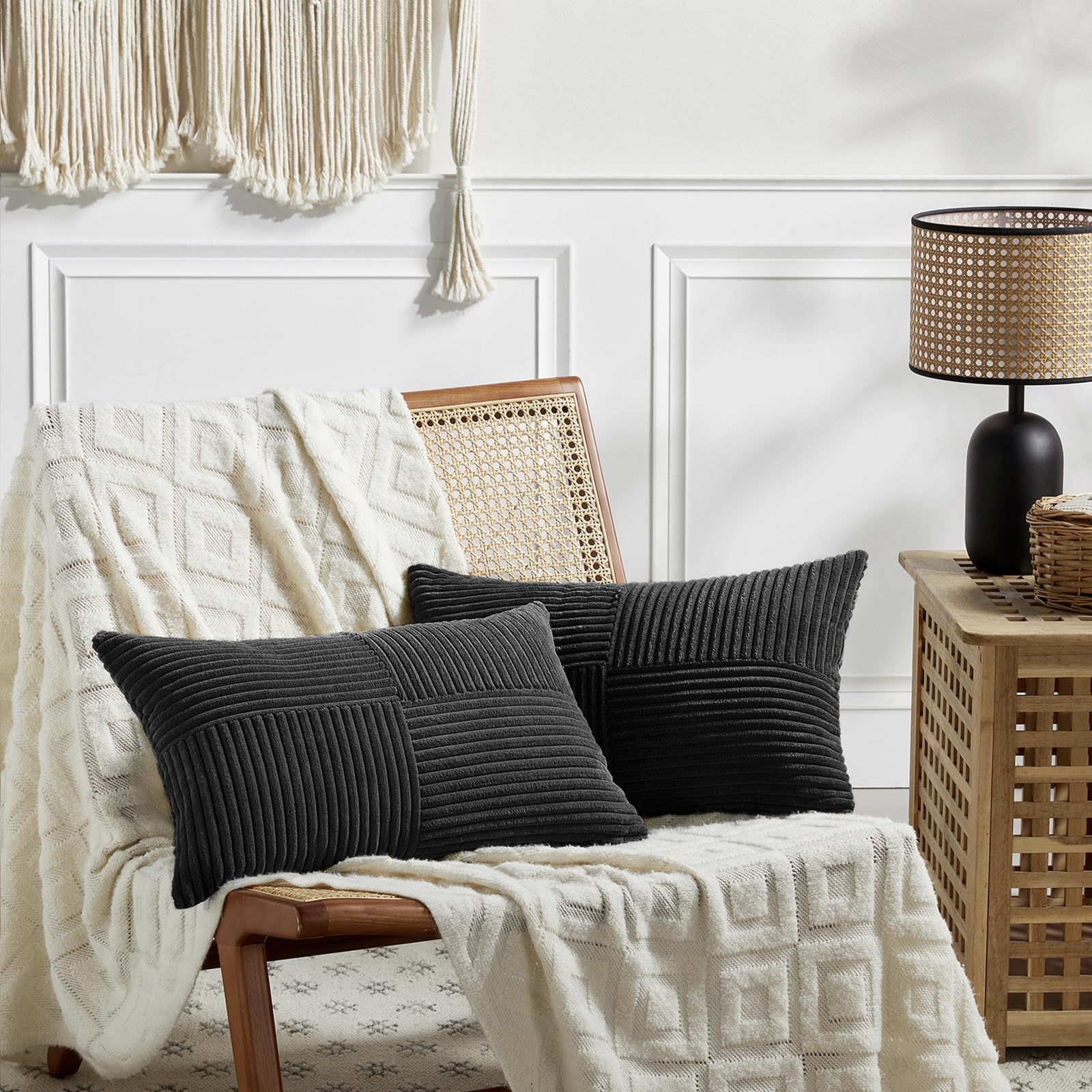 FDTERN Decorative Throw Pillow Covers 14 x 24 Inch for Living Room Couch Bed, Rustic Farmhouse Boho Home Decor, Soft Striped Corduroy Accent Cushion Case, 35 x 60 cm (Pack of 2), Black — image 1