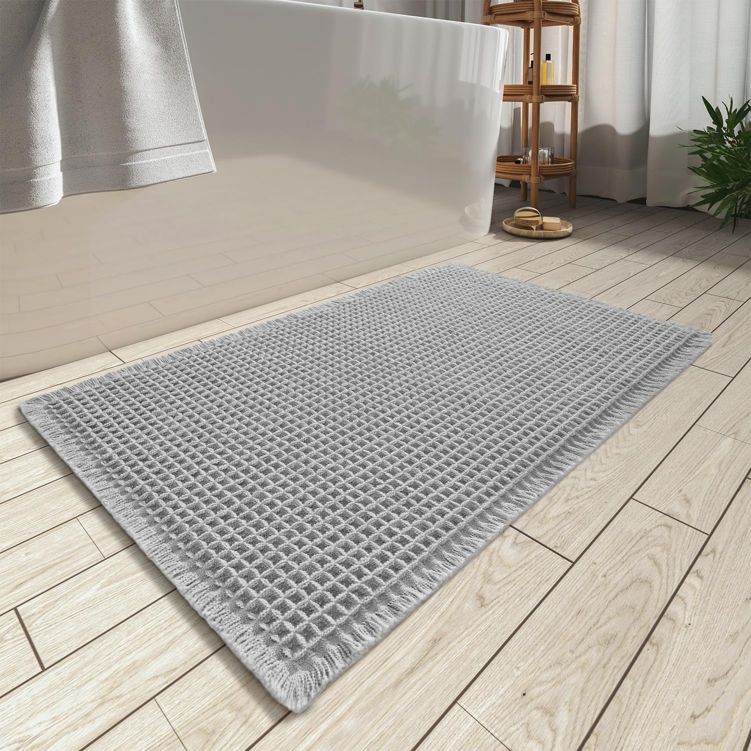 Upgraded Waffle Bath Mat, Super Absorbent Non Slip Bath Mats for Bathroom Floor, Machine Washable Bathroom Rugs with Tassels, Rubber Backed Bathroom Mats, Ultra Soft, 18" x 30", Grey
