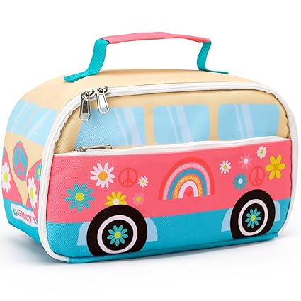 ICoDeesse Hippie Bus Insulated Lunch Bag for Boys Girls Groovy Reusable Meal Tote Cooler Cute Meal Containers with Exterior and Interior Pockets Thermal Lunch Box for Travel Picnic Beach
