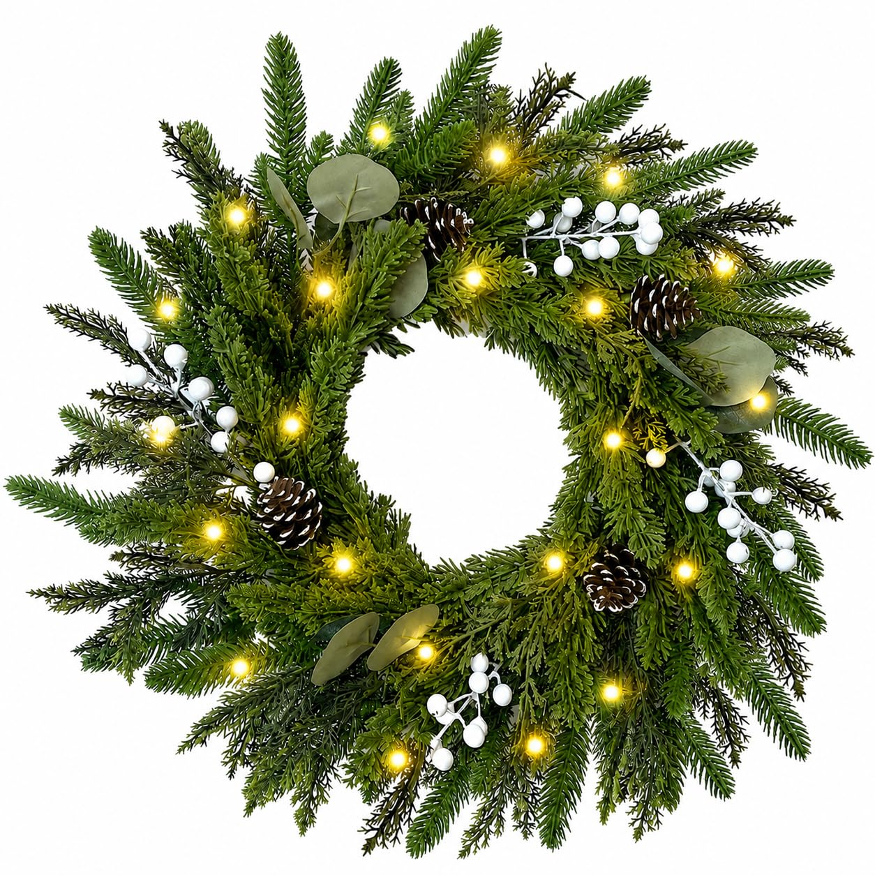 24 Inch Christmas Wreath for Front Door Artificial Wreath with Lights