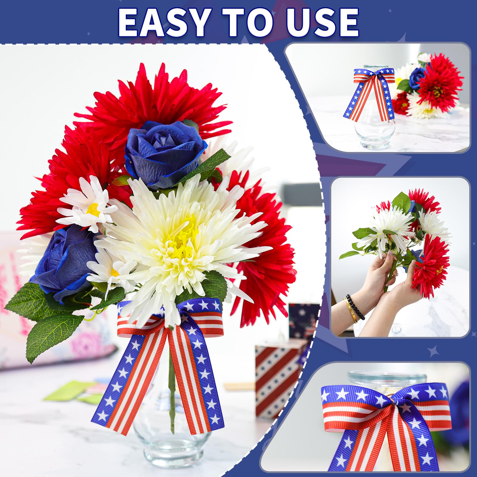 Floweroyal Künstliche Samtrosen Rot-weiß-blau – 15 Stück, Ca. 48 Cm Lang, Für 4. Juli, Patriotische Deko, Tischarrangements