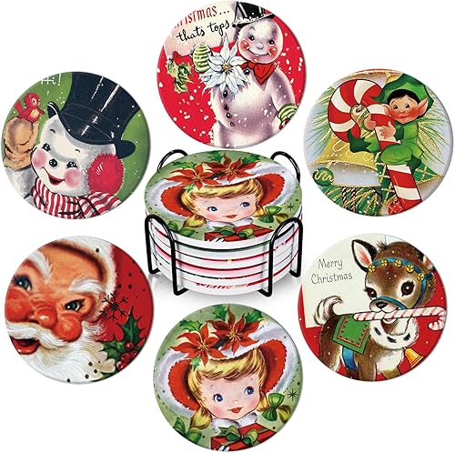 Whaline 6 posavasos de Navidad con soporte de metal, posavasos vintage para Navidad, invierno, vacaciones, cerámica, decoración de mesa de cocina,