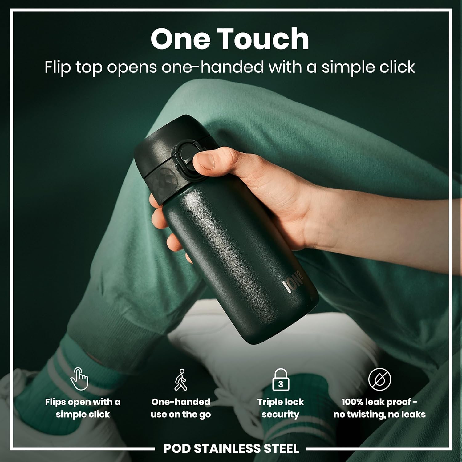 Ion8 Kids Water Bottle, Steel 400 ml/13 oz, Leak Proof, Easy to Open, Secure Lock, Dishwasher Safe, Flip Cover, Carry Handle, Easy Clean, Durable, Scratch Resistant, Carbon Neutral, Dark Green