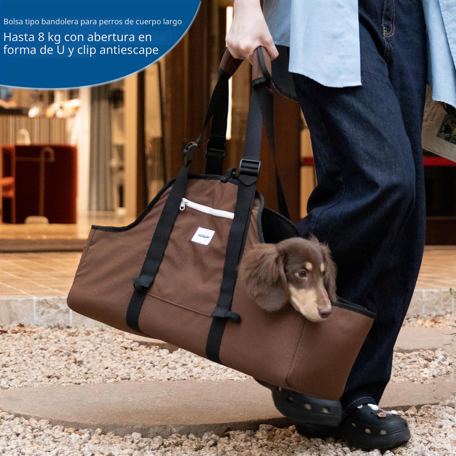 Portamascotas portátil para perros, de nylon, ligero, resistente al agua, para beagle, bolso para mascotas, bolso al hombro con cuerpo largo para hasta 8 kg, con abertura en U y clip