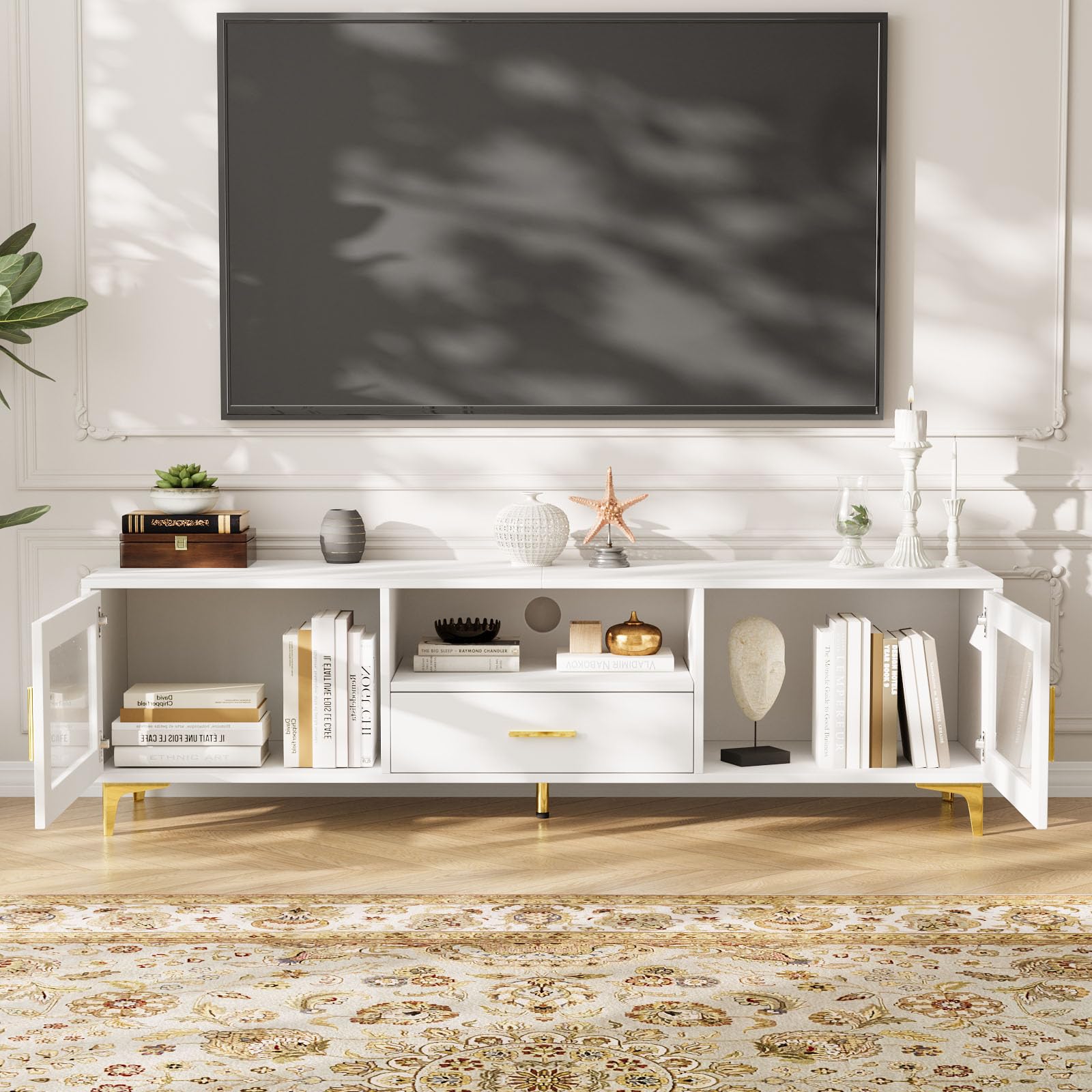 VOWNER Mobile TV, TV Basso fino a 65", Mobile TV con Vano Portaoggetti Aperto, Tavolo TV con Cassetti, Adatto per Coggiorno e Camera da Letto, 150 x 35 x 43 cm, Bianco