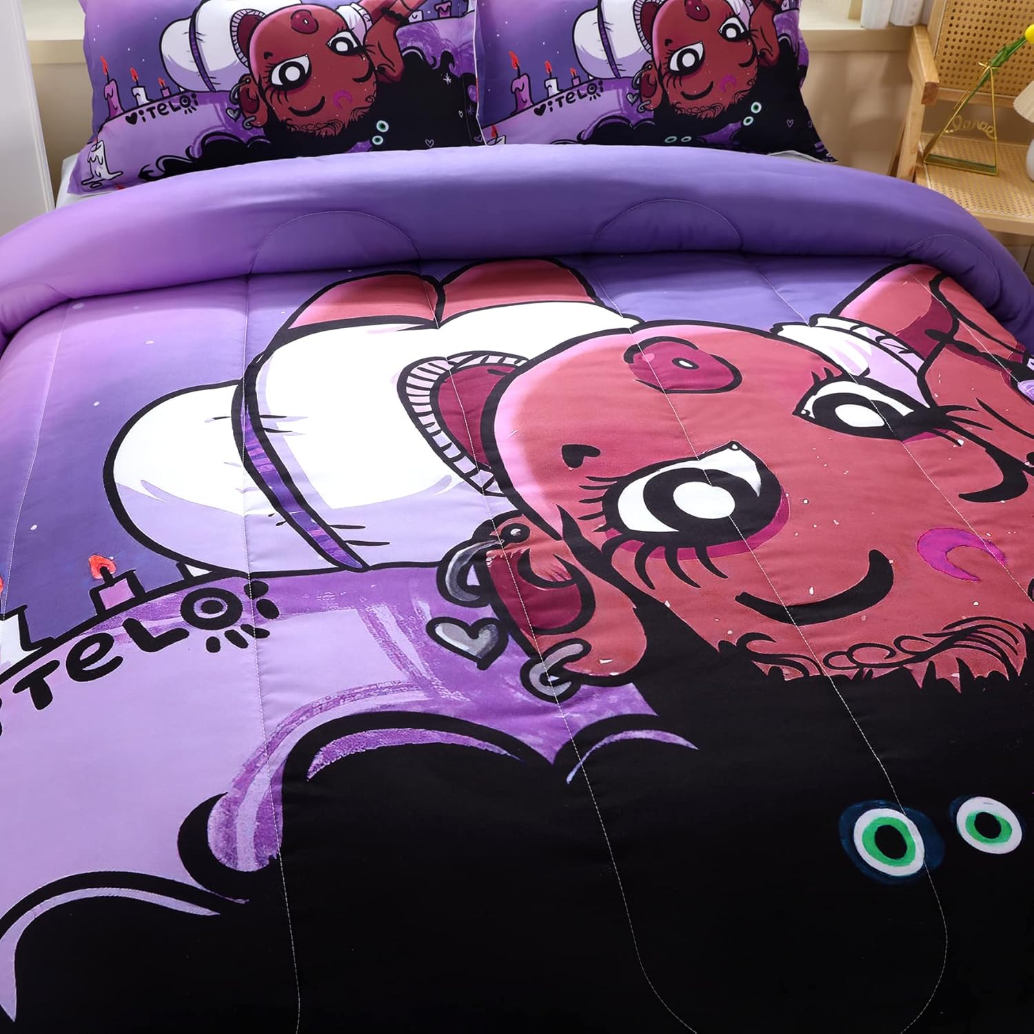 Suncloris African American Black Girls Comforter Set for Kids and Adults, Queen Size Purple Hair Girl Bedding Comforter with 2 Cute Little Afro Girl Patterned Pillowcases - 90"x90"