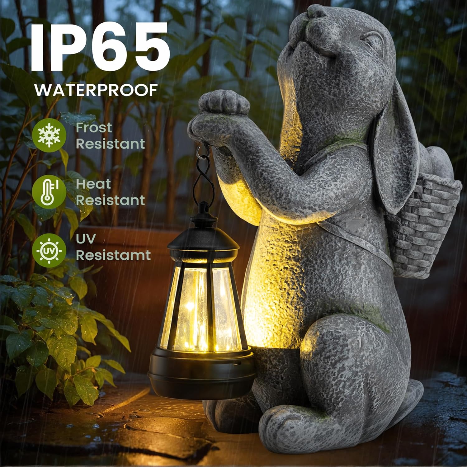 Solar Garden Outdoor Statues Rabbit with Solar Lantern,Outdoor Bunny Figurines Decorations,Lawn Decor Bunny Statue for Patio, Balcony, Yard Ornament,Unique Housewarming and Easter Gifts - Image 3