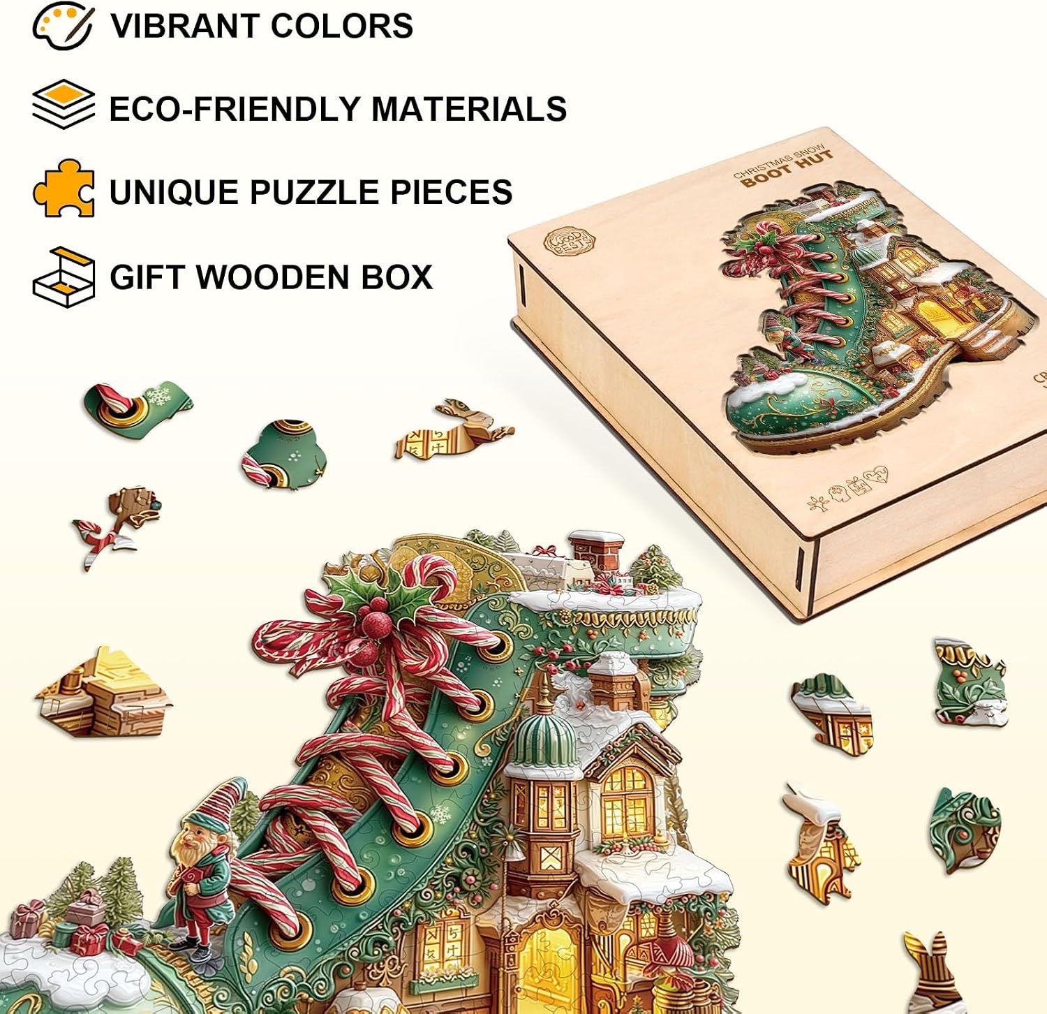 Wooden Puzzles for Adults,Christmas Snow Boot Hut Wooden Jigsaw Puzzles,Unique Shapes Pieces Christmas Puzzles Great Box Gift for Kids and Adults.(M-11.4 * 11.4 in 175pcs)