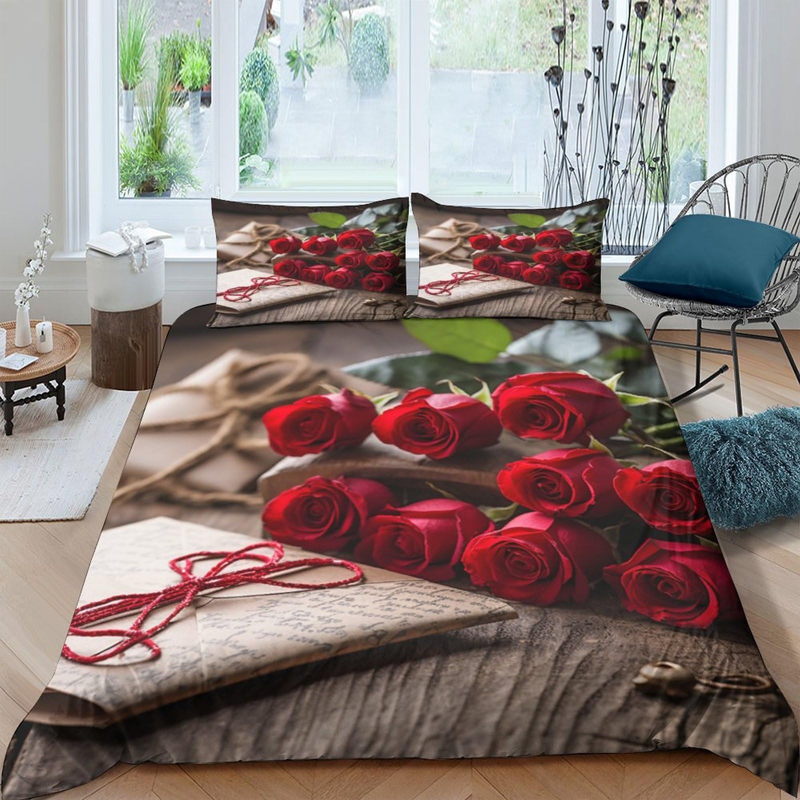 Housse de couette rose 3D de luxe parure de lit chic King en polycoton IOFEER