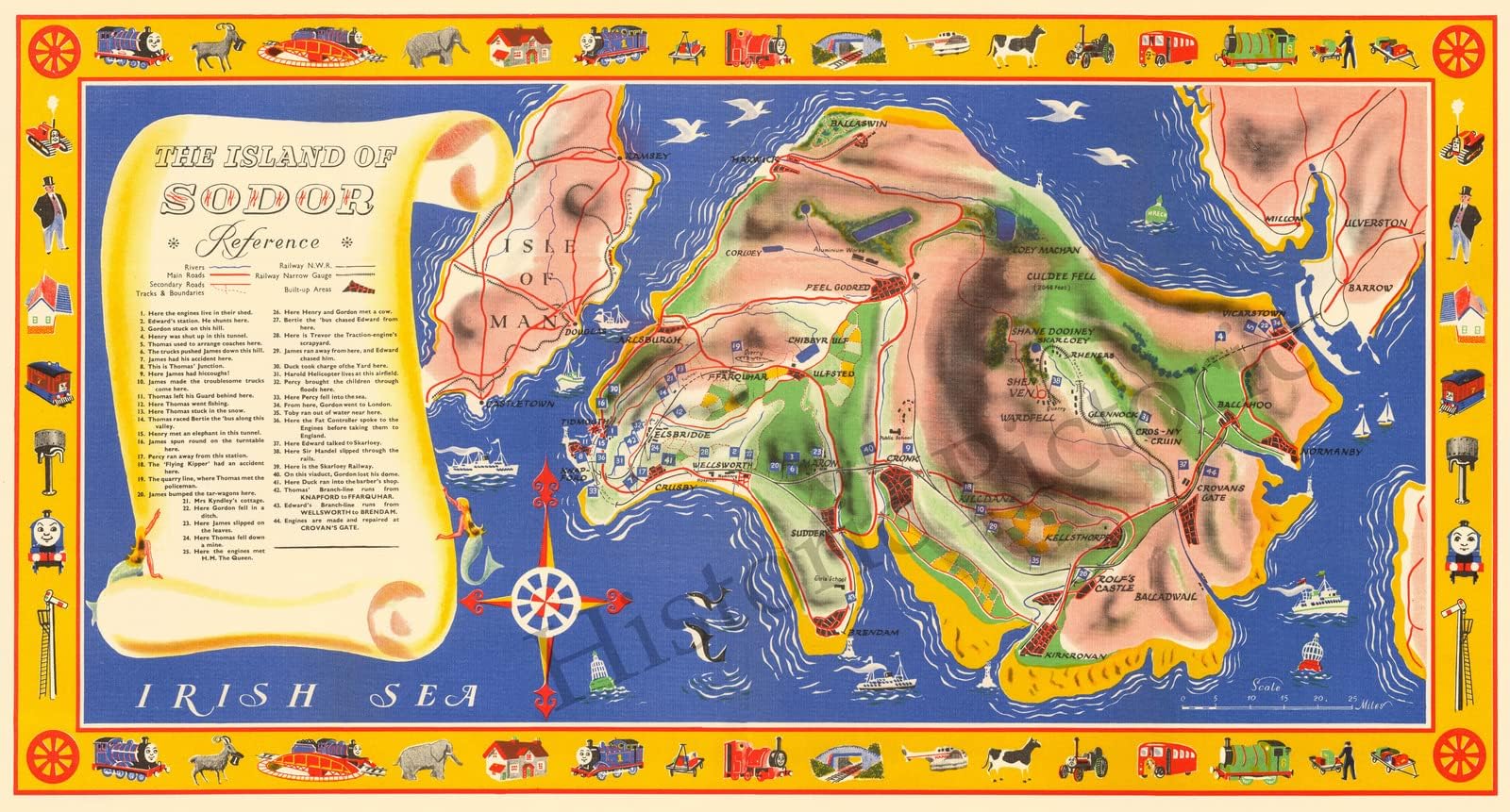 Historic Map - Railway Map of The Island of Sodor. Where Thomas The Tank Engine and His Friends Have Their Adventures, 1950, Vintage Wall Art 36in x 19in