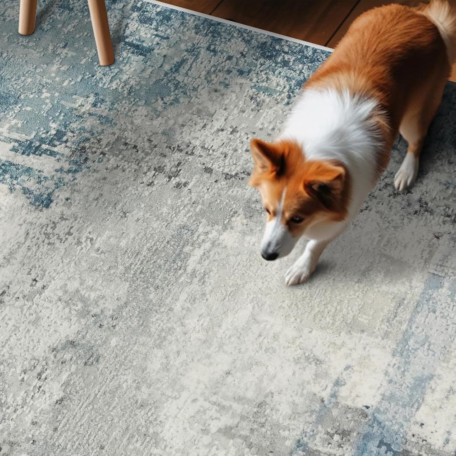 2.6x14 Extra Long Runner Rug Grey Abstract: Washable Non-Slip Carpet for Hallways - Soft Low-Pile Thin Indoor Runner for Long Spaces 2.6x14 Blue