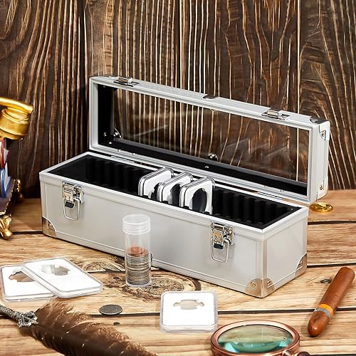 Miniatura 6 de Funrous Caja de almacenamiento de monedas de aluminio para 1005020 losas para soportes de losas, suministros de colección, caja de almacenamiento