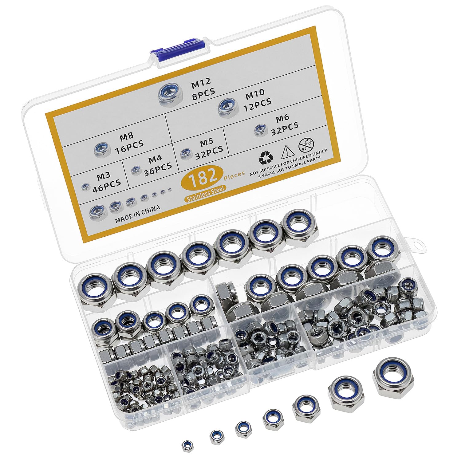 QWORK® 182 pezzi dado autobloccante in acciaio inox 304 con inserto in nylon, varie dimensioni M3/M4/M5/M6/M8/M10/M12