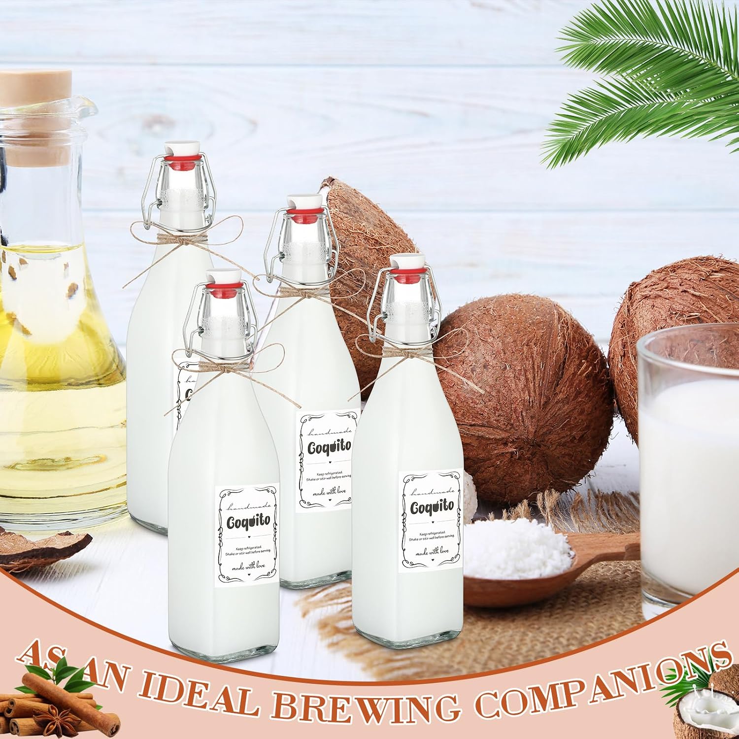 DoubleFill 8 Set Coquito Swing Top Glass Bottles 16 Oz Flip Top Brewing Bottles with Coquito Stickers Wine Airtight Caps for Home Party Milk Eggnog Kefir(Stylish)