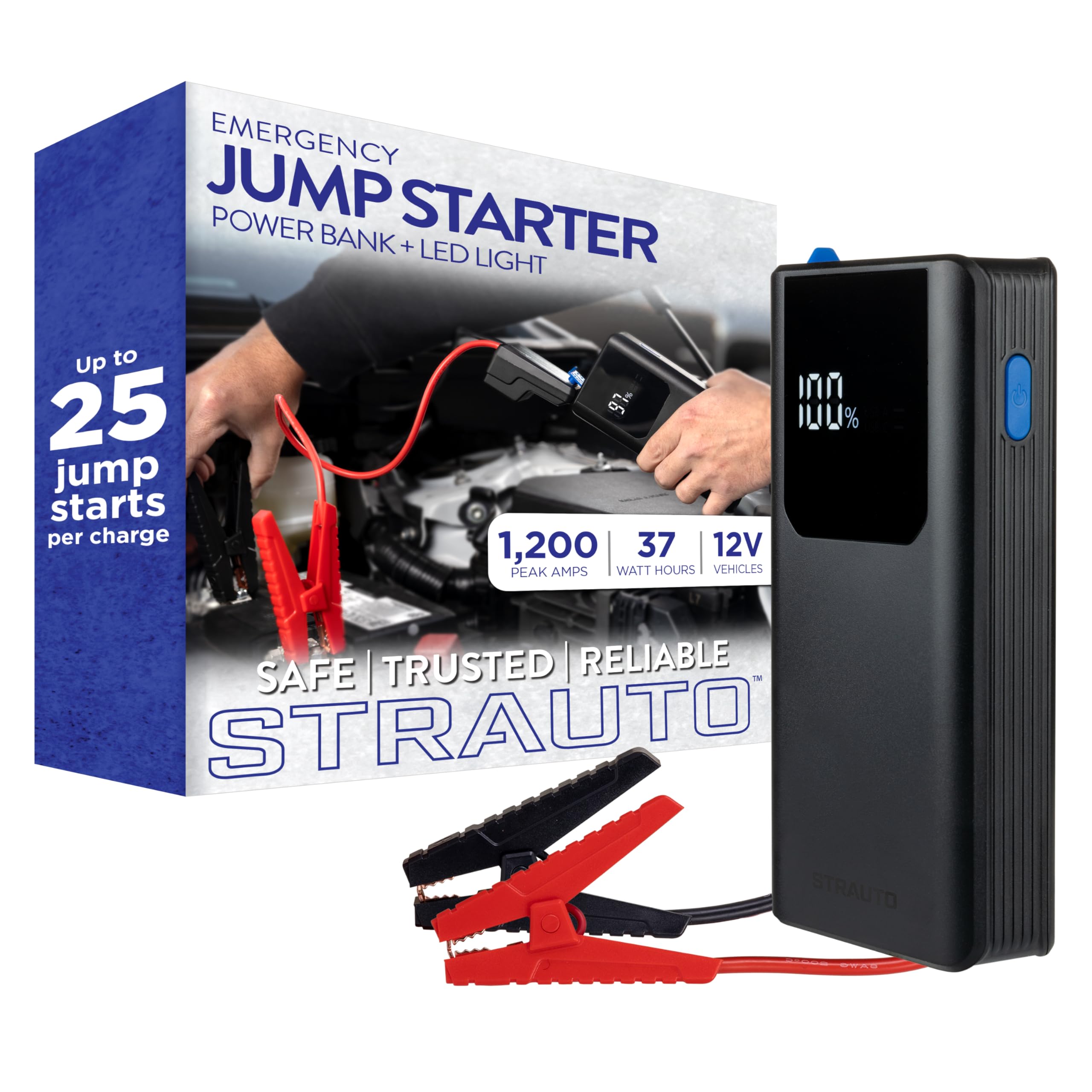 Car Battery Jump Starter 12V Portable Jump Starter Battery Pack Jumper Cables Storage Case USB-A USB-C Cable Rechargeable
