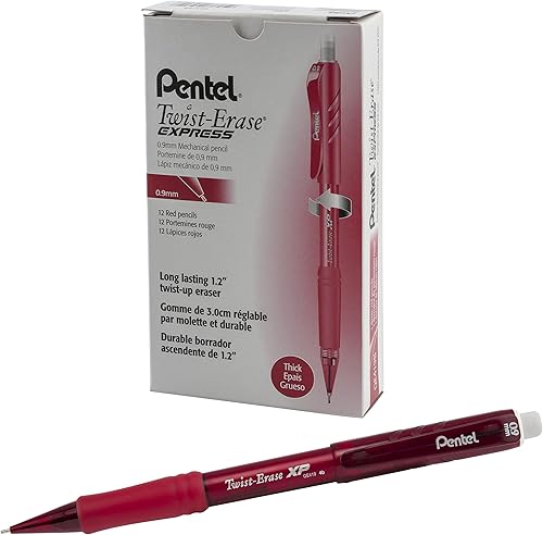 Pentel Twist-Erase EXPRESS - Portaminas de 0.035 in, barril rojo, caja de 12 (QE419B)