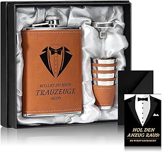 Trauzeugen Flachmann Willst Du Mein Trauzeuge Sein Geschenk Trauzeugen Karte 8oz Flachmann Mit Gravur Leder Braun 4 Becher Trichter In Schwarze Geschenkbox Edelstahl Schnapsgläser Für Hochzeit
