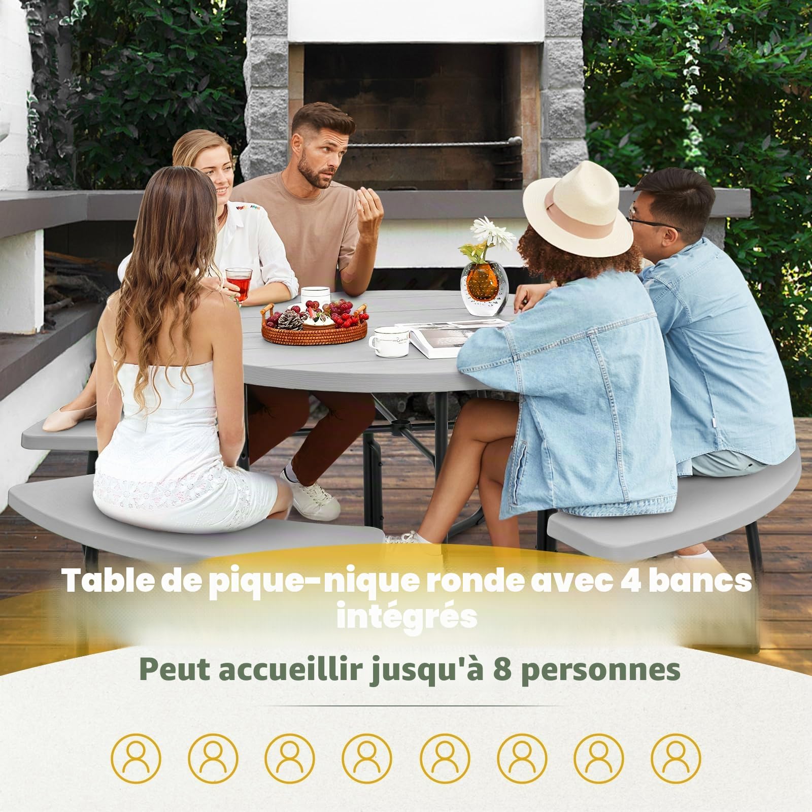 GIANTEX Ensemble de meubles de jardin pour 8 personnes, table de jardin ronde avec 4 bancs, table à bière avec trou pour parasol, salon de jardin résistant aux intempéries en polyéthylène haute