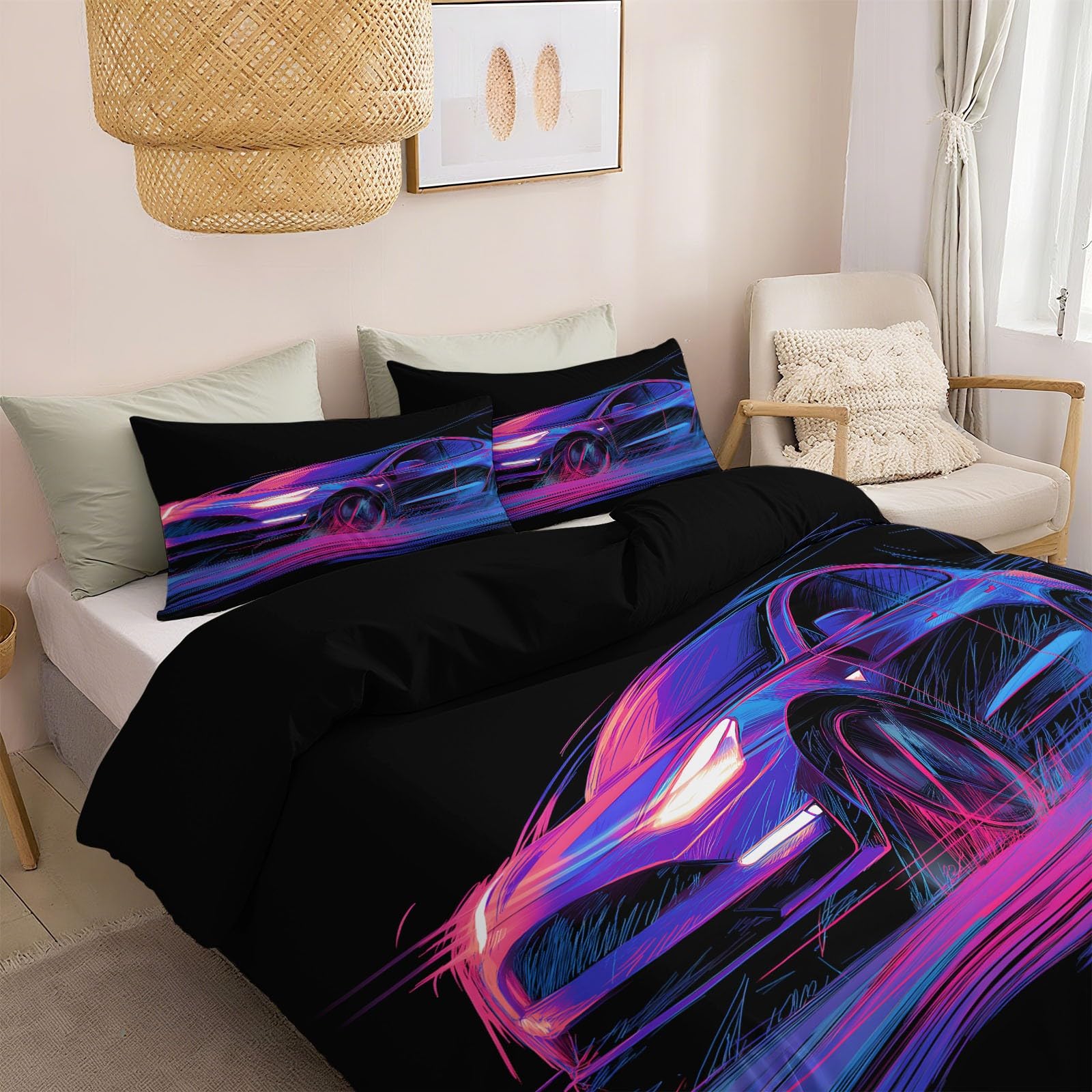 Generico Cartoon Neon Electric Car 3-częściowy zestaw poszewek na kołdrę 220 x 240 cm zestaw poszewek na kołdrę, czarny komplet pościeli z zamkiem błyskawicznym i poszewkami na poduszki z mikrofibry