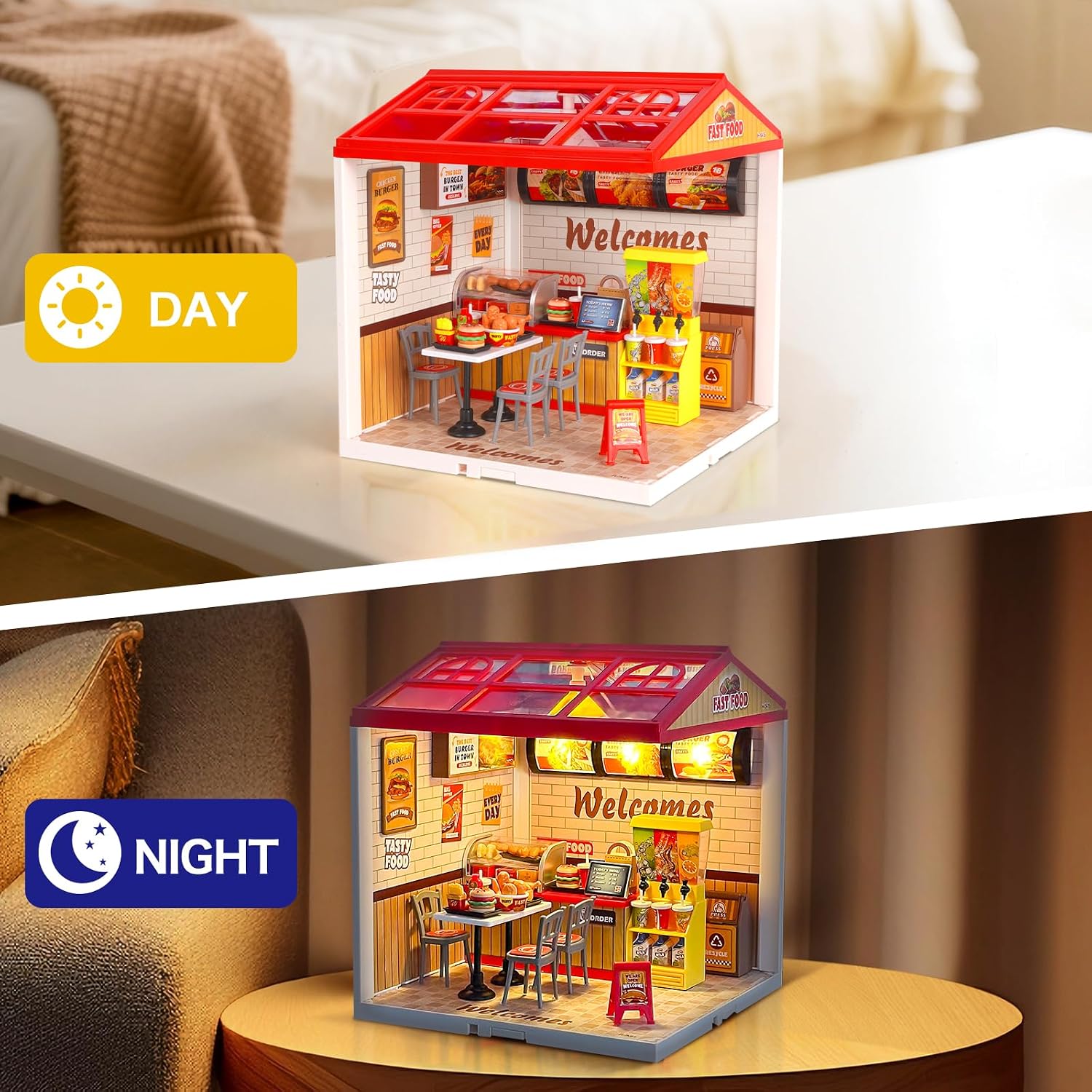 LED Building Blocks for Adults, 1:24 DIY Miniature Dollhouse Kits with Roof & Dustproof Cover, Tiny House Toy Building Sets for Kids Ages 8-12-15, Birthday Hobbies Gift for Men Women Boy Girl