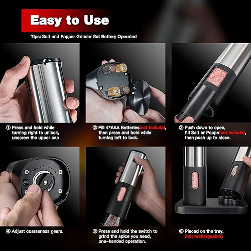 Miniatura 5 de Juego de molinillo de sal y pimienta a pilas, molinillo de sal eléctrico con base de almacenamiento, operación automática con una mano, acero