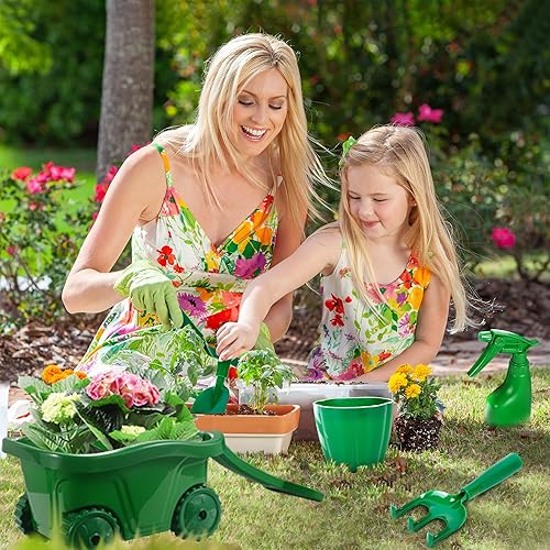 Miniatura 4 de Duckura Juego de herramientas de jardinería para niños, juego de 10 piezas de carretilla para niños con pala, rastrillo, rastrillo de hojas,