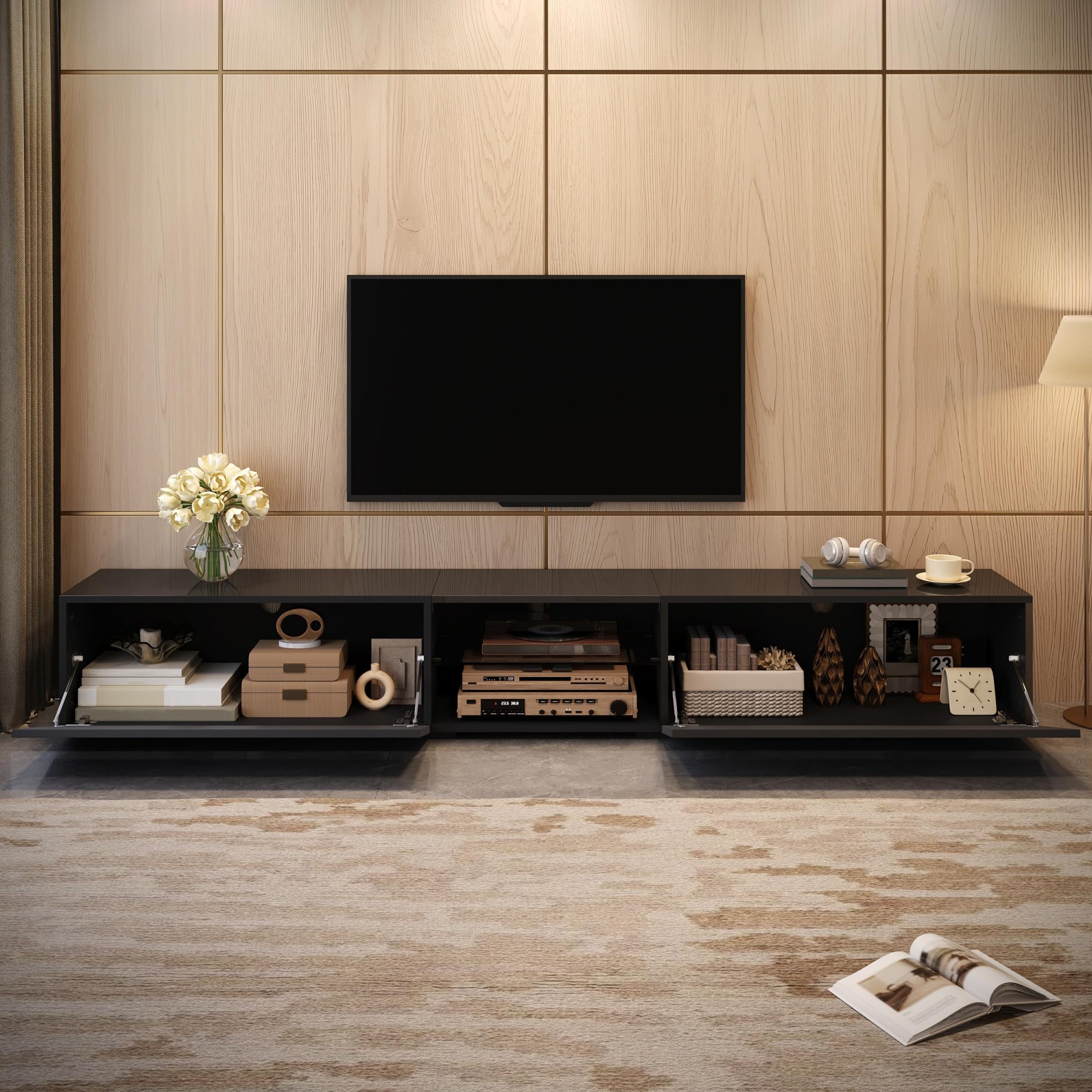 Moimhear Mueble de TV con iluminación LED, control por aplicación, banco para TV, estante transparente, color negro