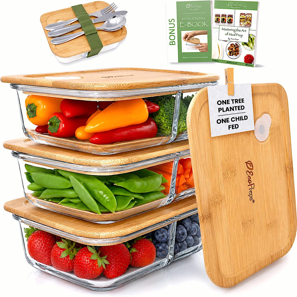EcoPreps Szklane pojemniki do przygotowywania posiłków z bambusowymi pokrywkami, 2 przegródki szklane pojemniki Bento Box [3 sztuki] 100% bez plastiku, ekologiczne, szklane pojemniki do przechowywania