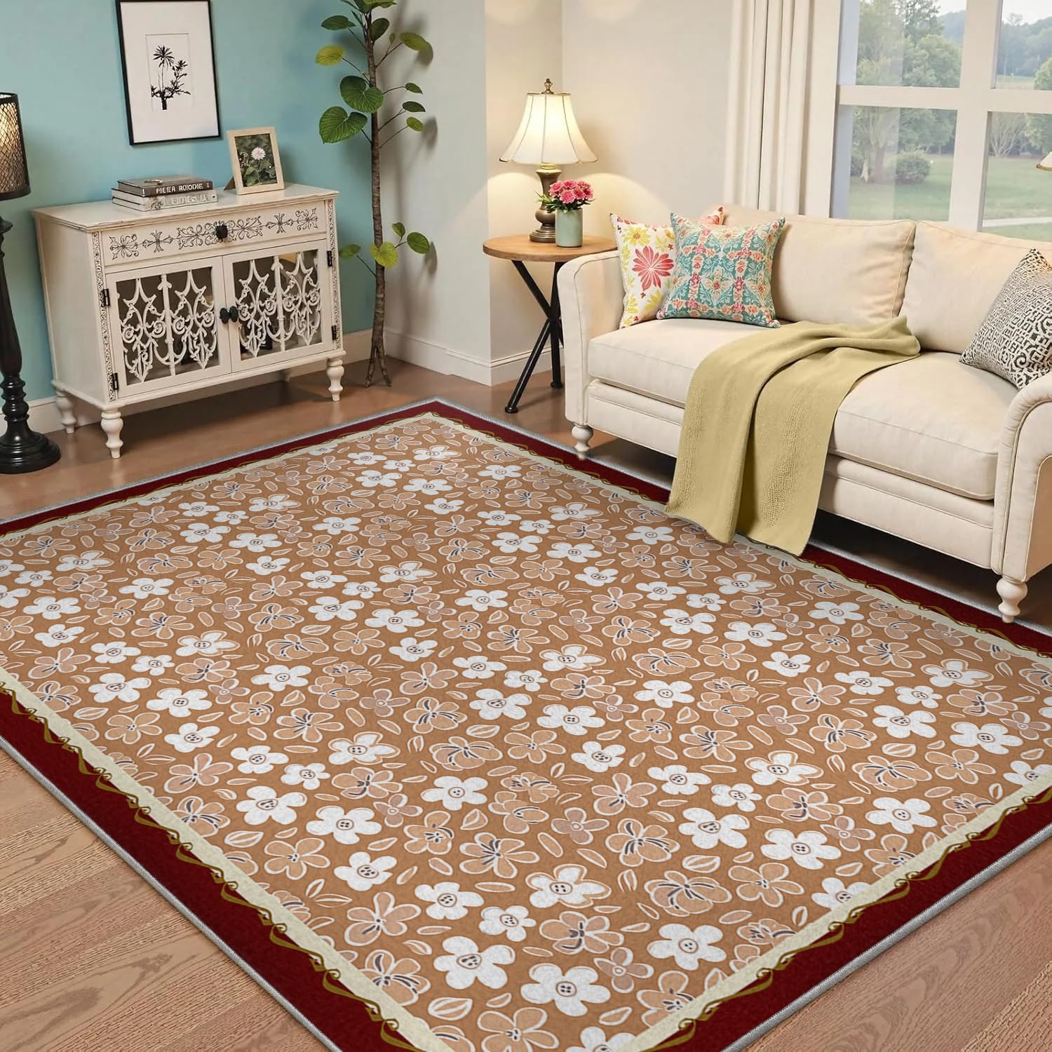 Tapis 90x150cm marron à fleurs marguerites lavable et antidérapant
