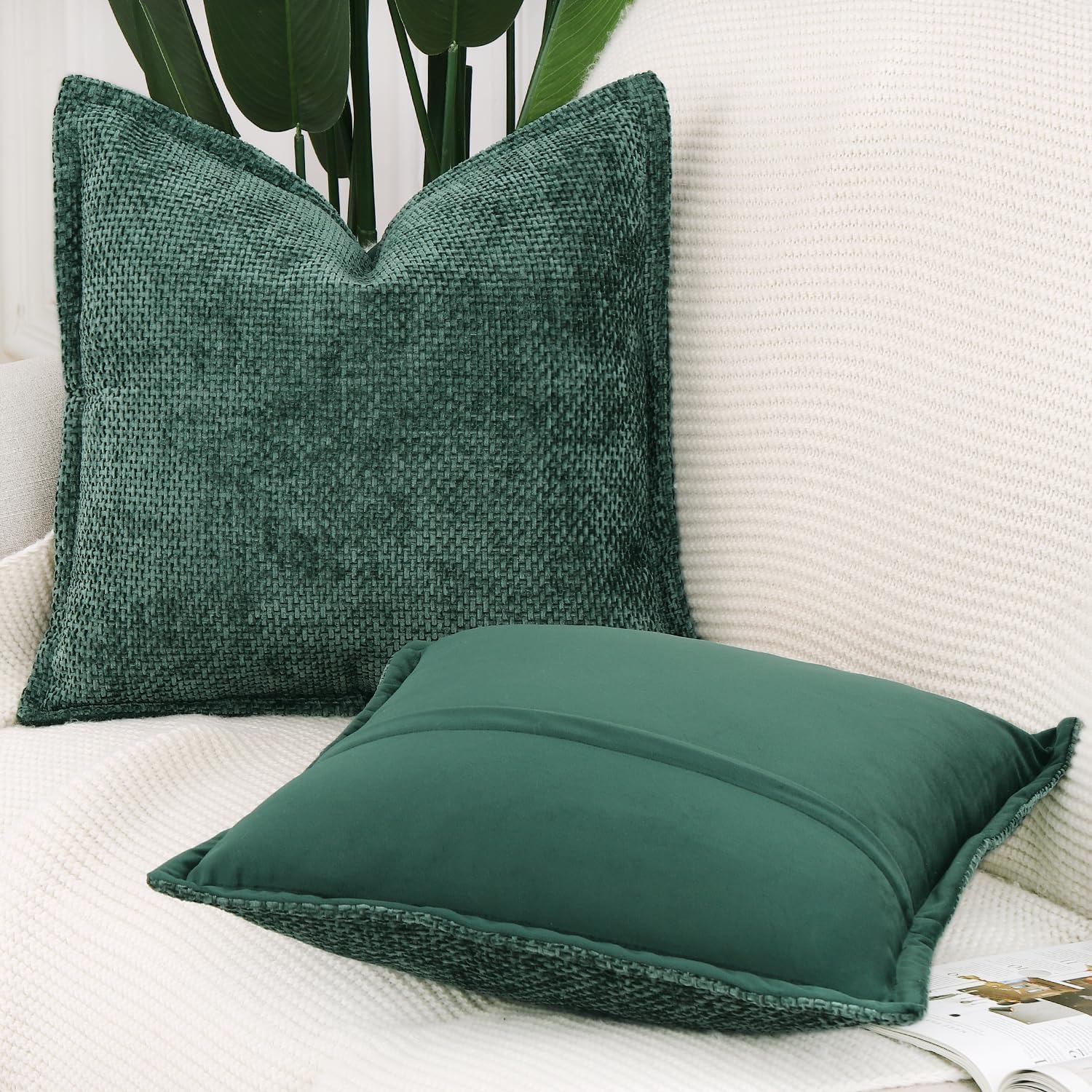 MADIZZ Decorative Chenille Velvet Throw Pillow Covers Set of 2 Soft Boho Textured Neutral Couch Throw Pillow for Bed Modern Farmhouse Home Decor for Sofa Livingroom Dark Green 24x24 Inch Euro Sham