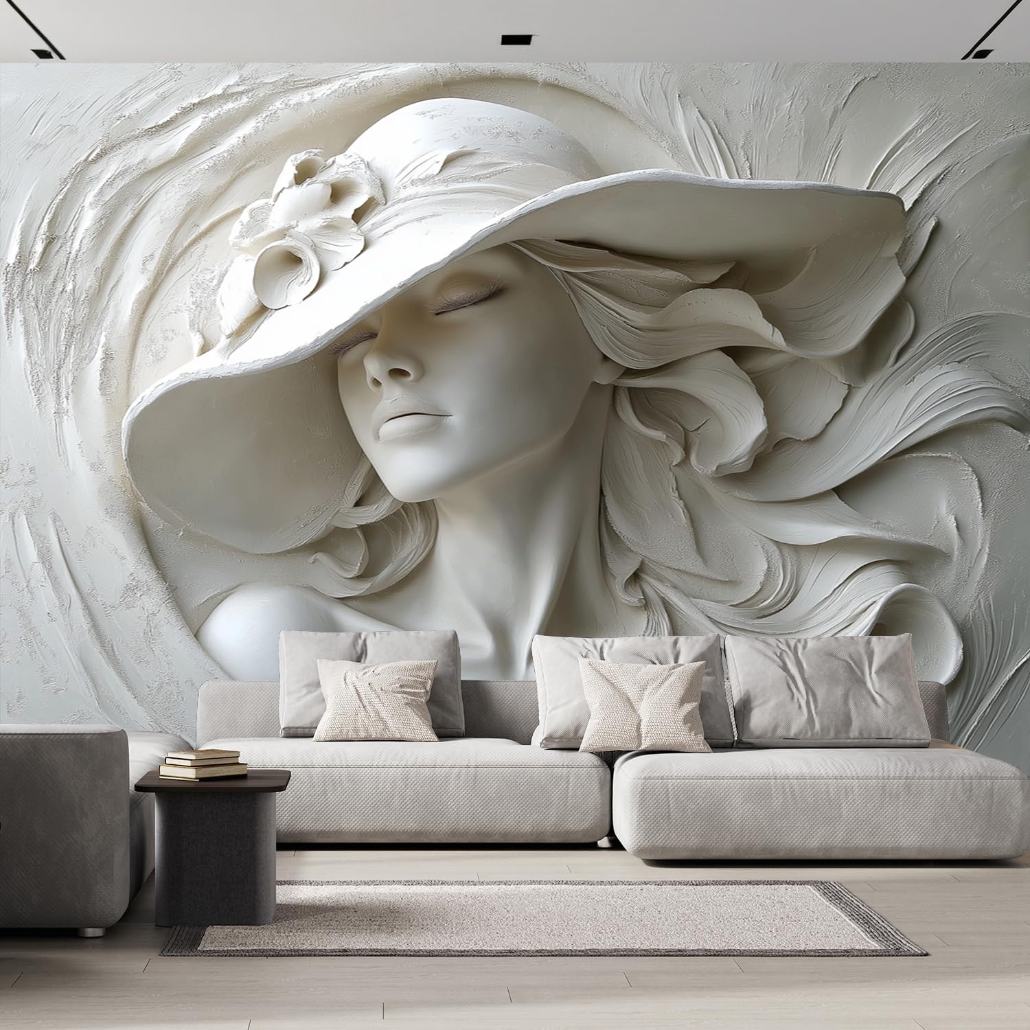 3D Relief Tapete Wandbild 3D Fototapete Frau Mit Hut Wandtapete Foto für Modernes Design der Fernseh Hintergrund Wand-Kunst-Deko 350×256cm