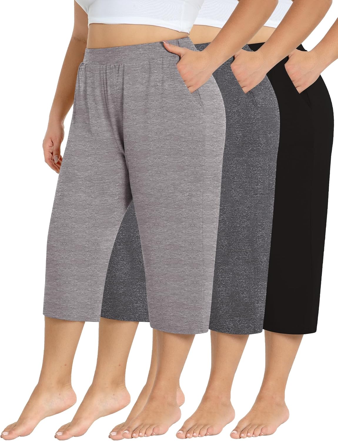 3 Pack Women's Plus Size Capri Sweatpants Loose Cropped Yoga Lounge Pajama Pants with Pockets for Summer