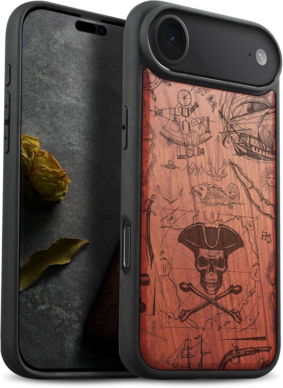 Carveit Magnetic Wooden Case for iPhone Air Case, Wood Artisan Engraved & Soft TPU Shockproof Cover, Compatible with MagSafe 17 Air Wireless Chargers (Pirate Flag) Rosy