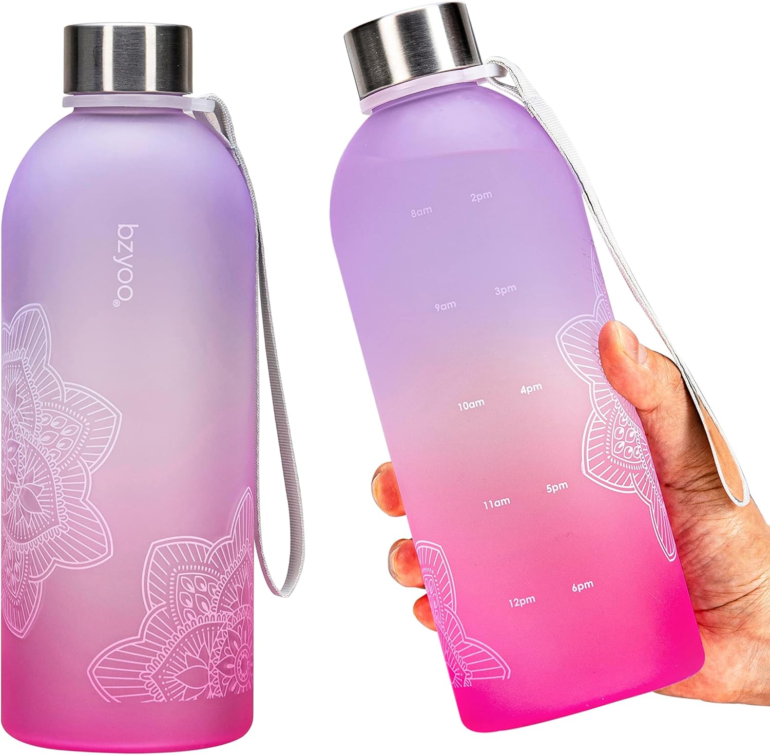 bzyoo 32 OZ 1 Liter Time Marker Water Bottle BPA Free Frosted Durable Plastic With Strap – Reusable Water Bottle With Times To Drink For Fitness Gym Gifts For Him & Her (Color: Ombre Pink)