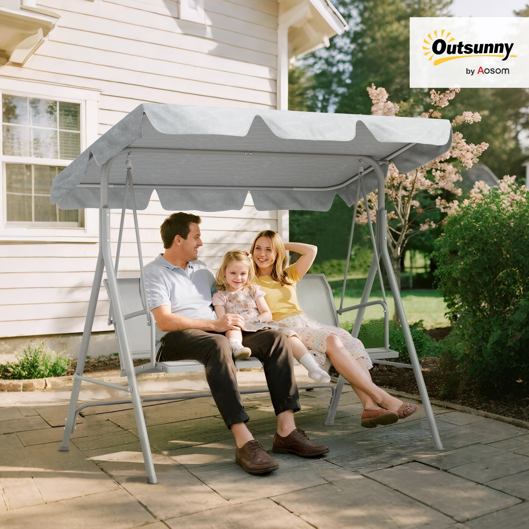 Outsunny Columpio Jardín Exterior Balancín Jardín Exterior de 3 Plazas con Toldo Ajustable Respaldo Transpirable y Marco de Metal para Terraza Balcón Carga 240 kg 171x108x154 cm Gris