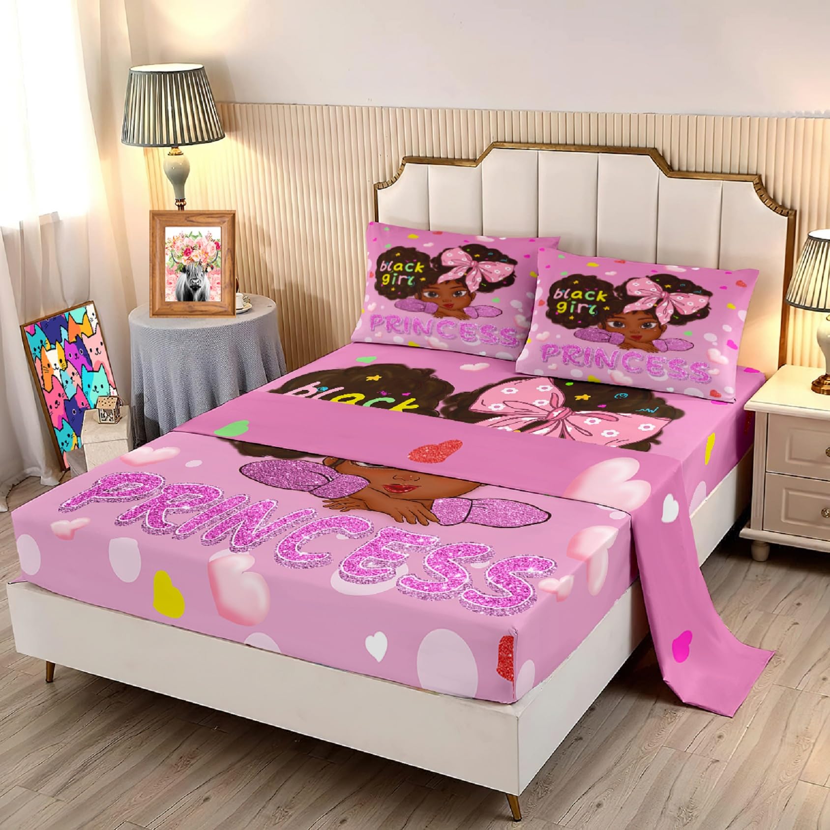 Jiospet Black Girl Twin Fitted Sheet - Black Girl Sheets Twin Cute Bedding Fitted for Kids, 1 Fitted Sheet + 1 Flat Sheet + 1 Pillowcase