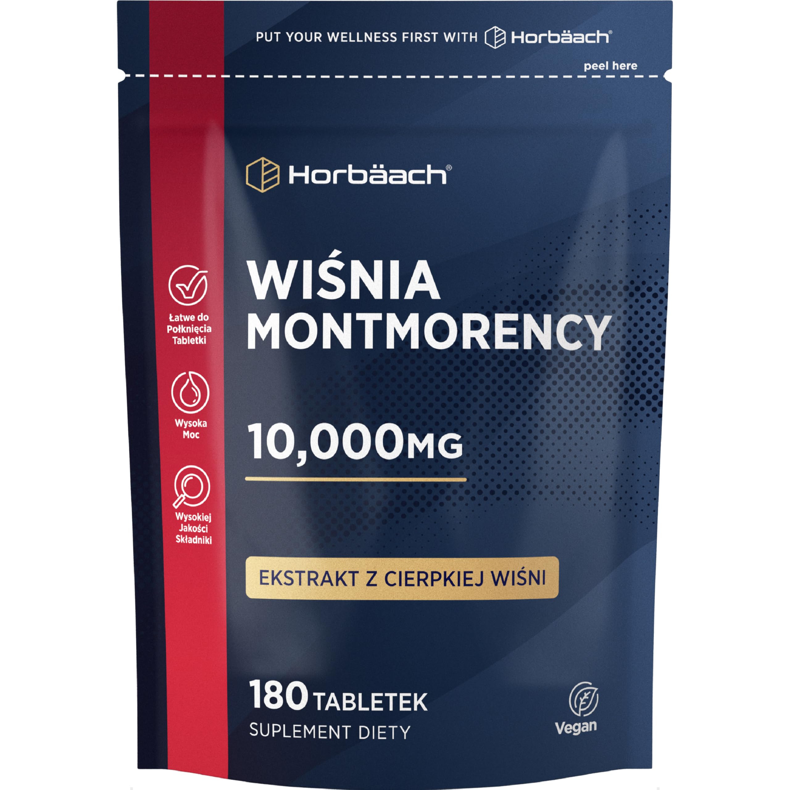 Wiśnia Montmorency 10,000mg | 180 Tabletek - Zapas na 3 Miesiace | Naturalny Ekstrakt z Cierpkiej Wiśni 50:1 | Wysokie stężenie, koncentrat wegański | marki Horbaach