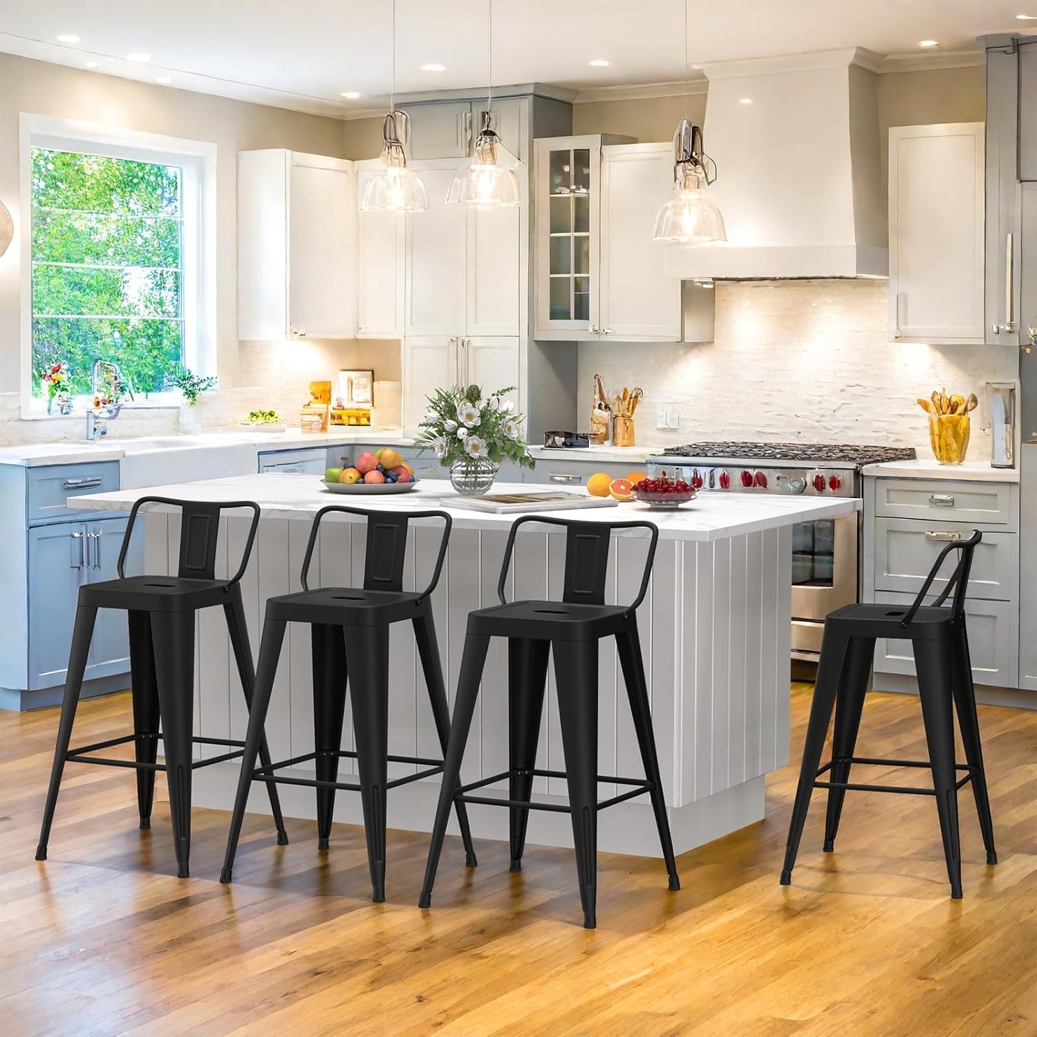 Metal Bar Stools Set of 4, Counter Height Bar Stools with Low Back, 24 Inch Modern Industrial Bar Chairs for Kitchen (Matte Black)