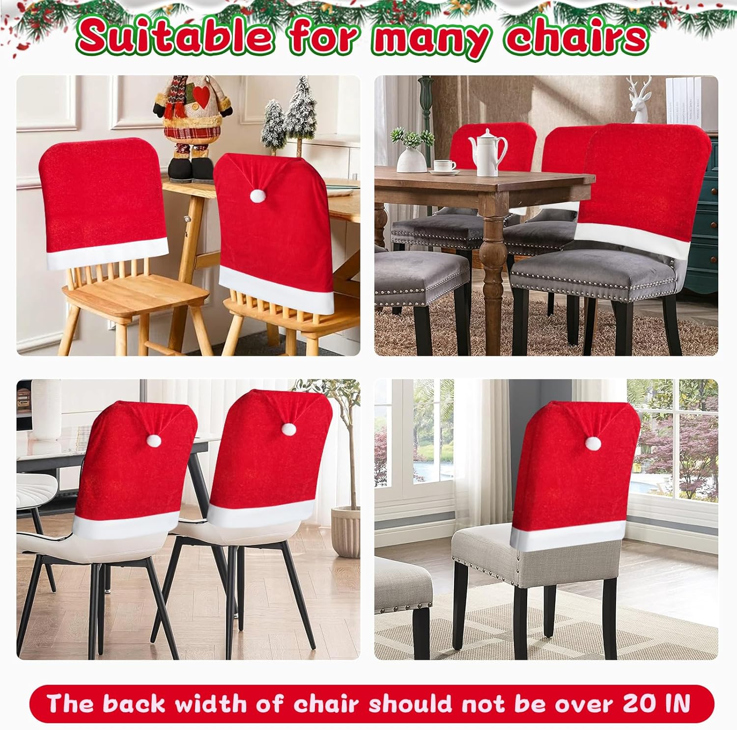 Christmas Chair Covers, 6 PCS Santa Hat Chair Covers with 6 Pcs Silverware Holders for Christmas Decoration, Chistmas Chairs Back Cover Set for Dinning Chairs Slipcovers, Xmas Party Decor Set