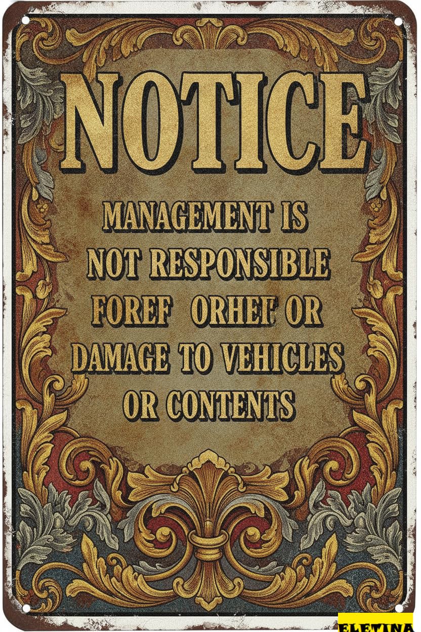 Personalized Sign for Man Cave Wall Decor Warning Decor 8x12 Tin Metal S Notice - Agement Is Not Responsible Theft Or Damage To Vehicles Or Contents Safety Novelty S Private Property Decorative
