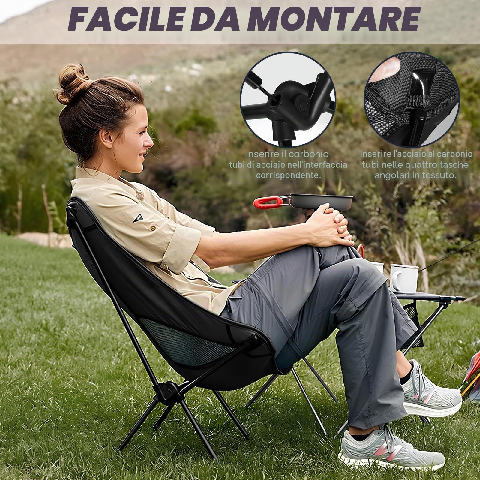 Sedia da Campeggio Pieghevole Leggera, Capacità di Carico 110kg, Sedia da Campeggio Portatile con Borsa Portaoggetti, Sedia da Spiaggia Compatta per Picnic, Campeggio, Viaggi, Pesca, Spiaggia