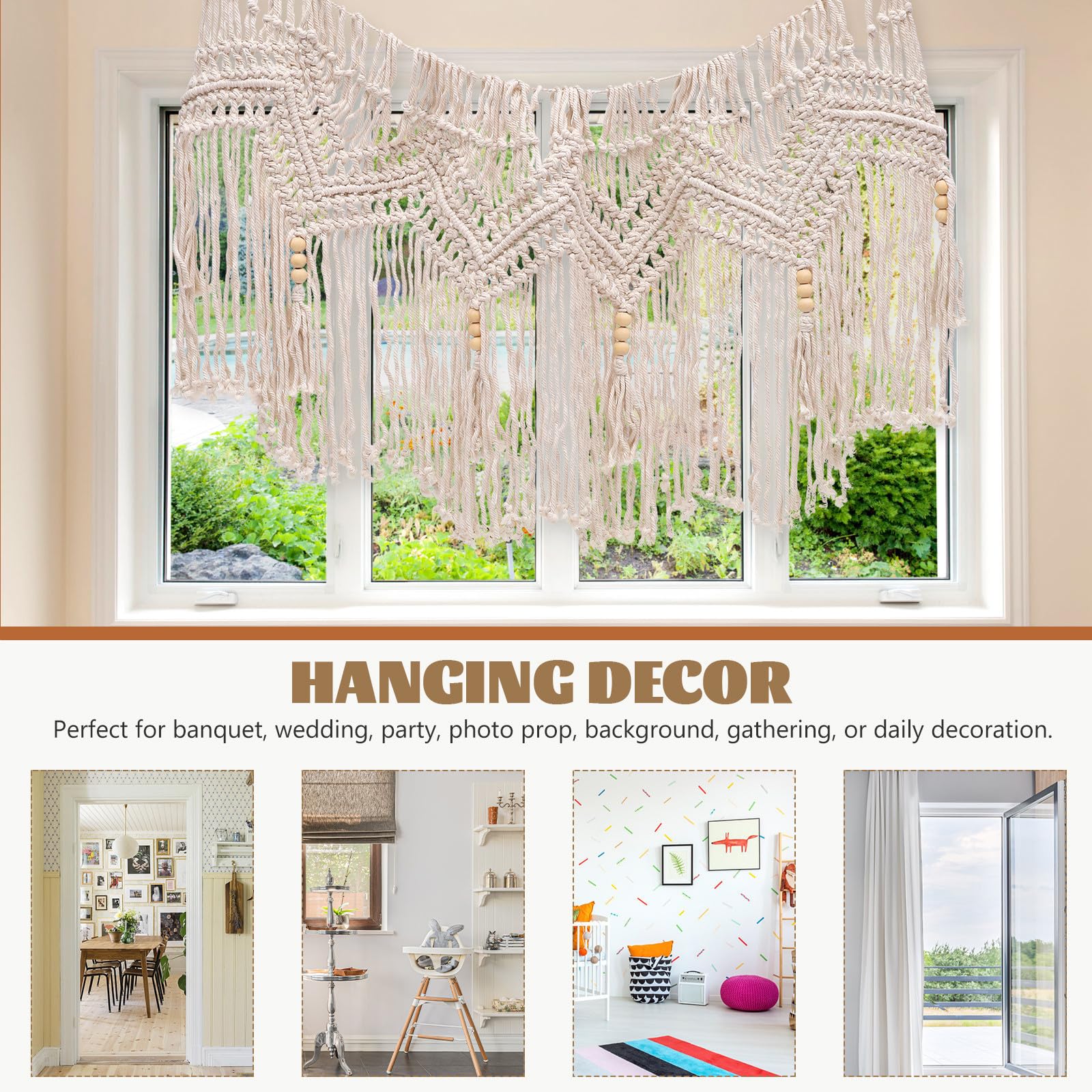 ibasenice Cantonnière Rideau Macramé en Coton Beige Tissée la Main Décorations à Pompons, Style Bohème Naturel pour Fenêtre, Effet Décoratif Élégant et Rustique