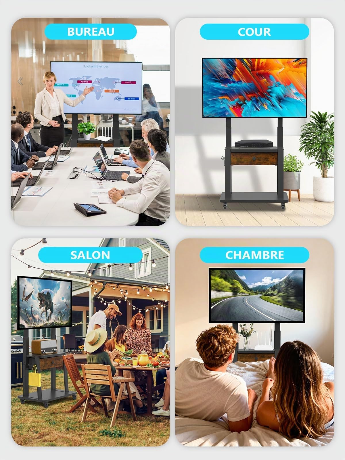 Support TV Roulant avec tiroir de Rangement en Tissu pour écran Plat/incurvé de 32 à 75 Pouces jusqu'à 100 kg LCD/LED/OLED Hauteur réglable Chariot TV Mobile avec Roues pour la Maison, Le Bureau et