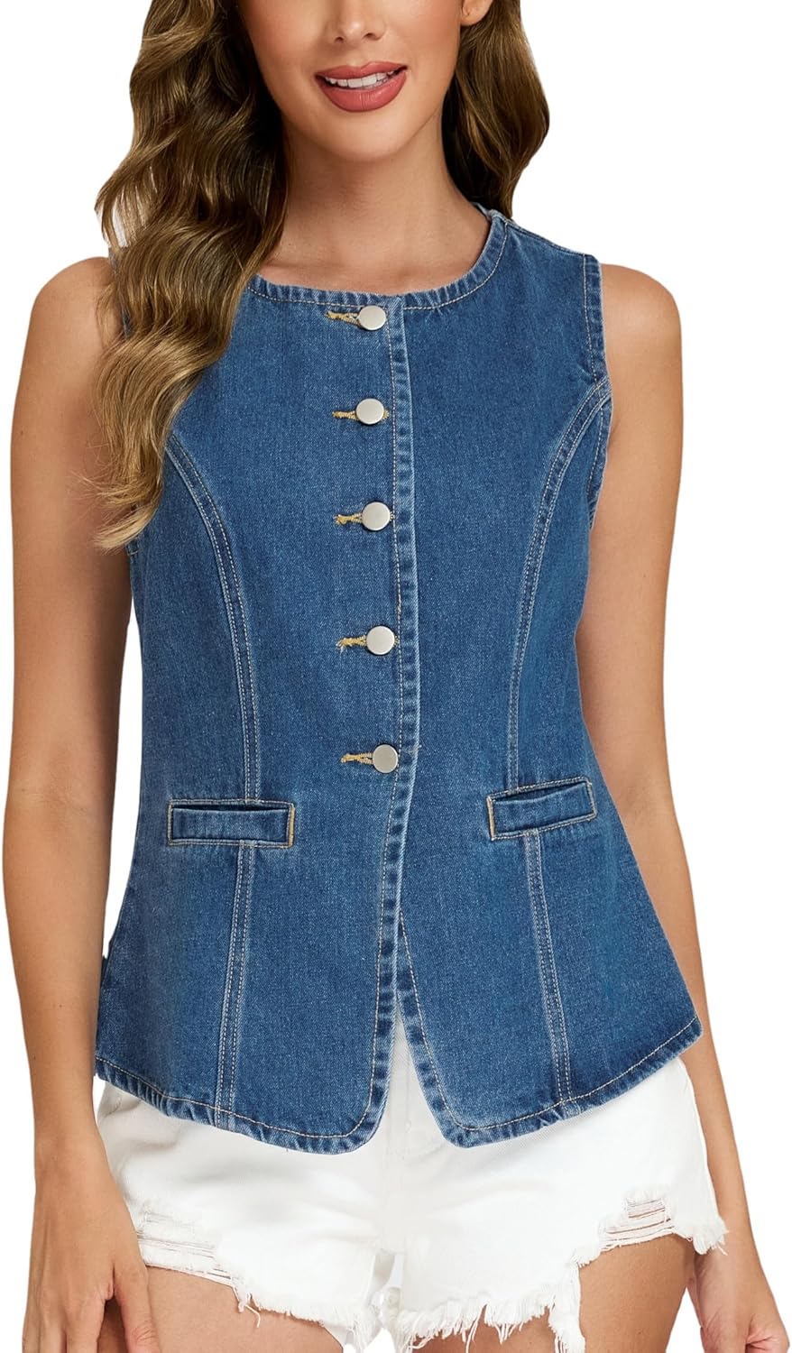 Ladyful Womens Denim Vest Top Button Down Jean Vest Tank Tops Sleeveless Crewneck Jean Waistcoat with Pockets