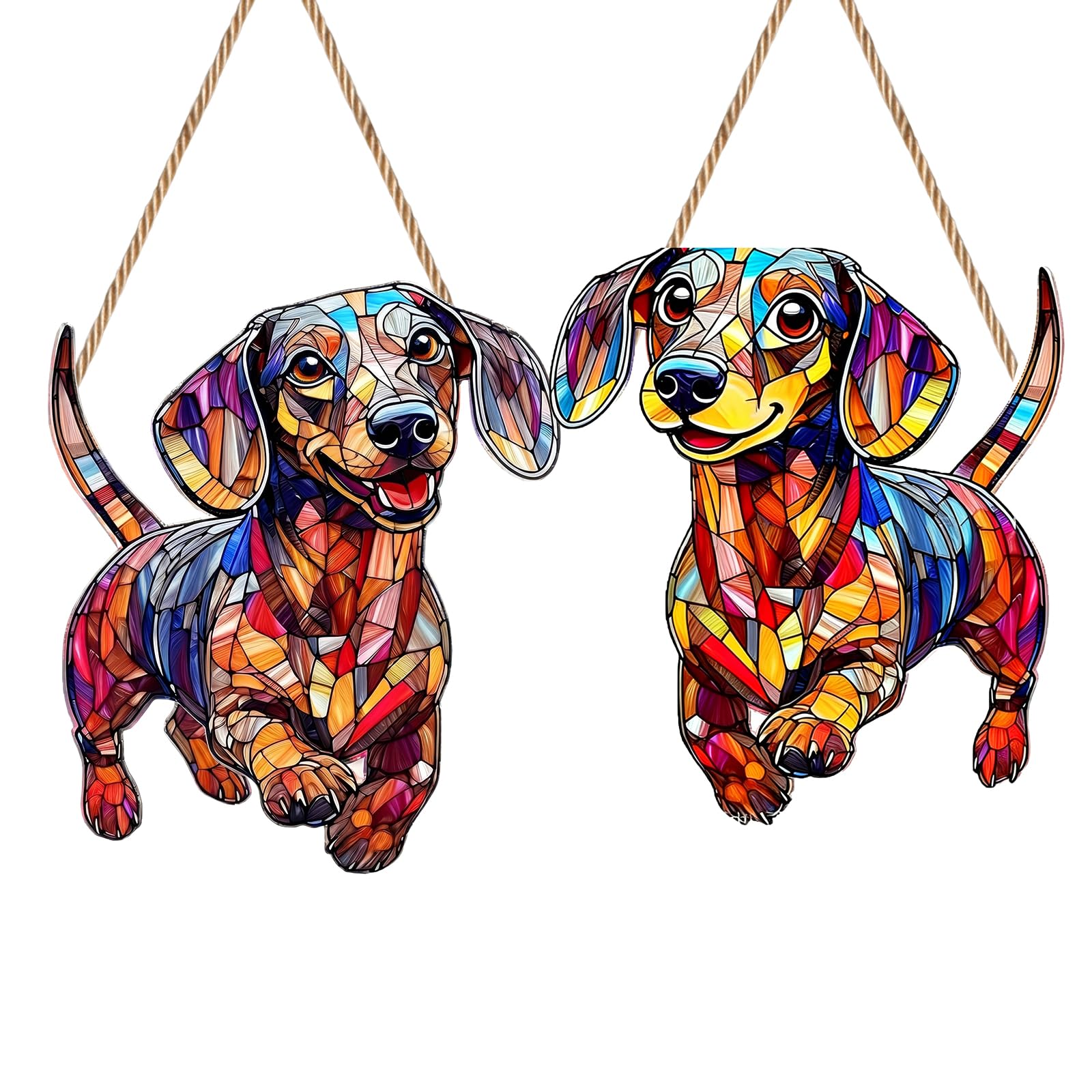 2Pcs Dachshund Sun Catcher, 7.87x 7.87in Imitation Stained Glass Suncatcher for Windows, Acrylic Garden Hanging Ornaments with Chain, Unique Dachshund Gifts for Women & Girls