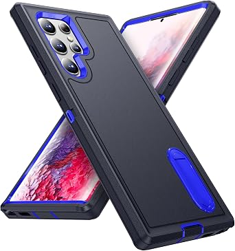 for Samsung Galaxy S22 Ultra Case with Kickstand Case 3-Layer Military Grade Protective Case Cover Silicone Heavy Duty Rugged Shockproof for Galaxy S22 Ultra Phone Case Navy+Blue